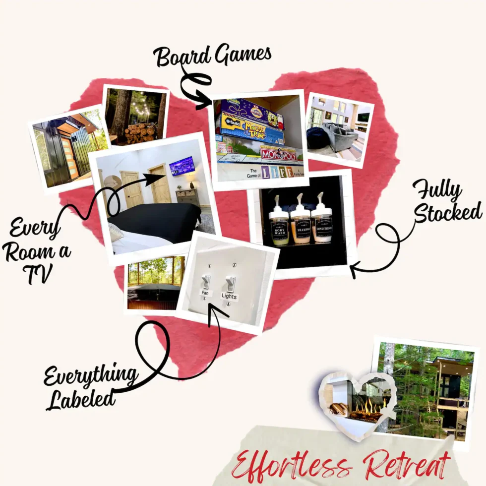 Collage showcasing amenities of a Red River Gorge cabin rental: board games, TVs in every room, fully stocked supplies, labeled items, and an "Effortless Retreat" experience. Promoting a relaxing Kentucky getaway.