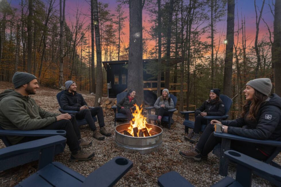 Friends gather around a crackling campfire at a Red River Gorge cabin rental. The group, bundled in winter gear, enjoys the sunset near their cozy Kentucky cabin.