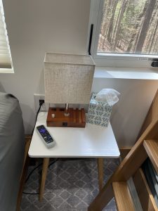 Nightstand with lamp, tissues, charging station, and remote control.